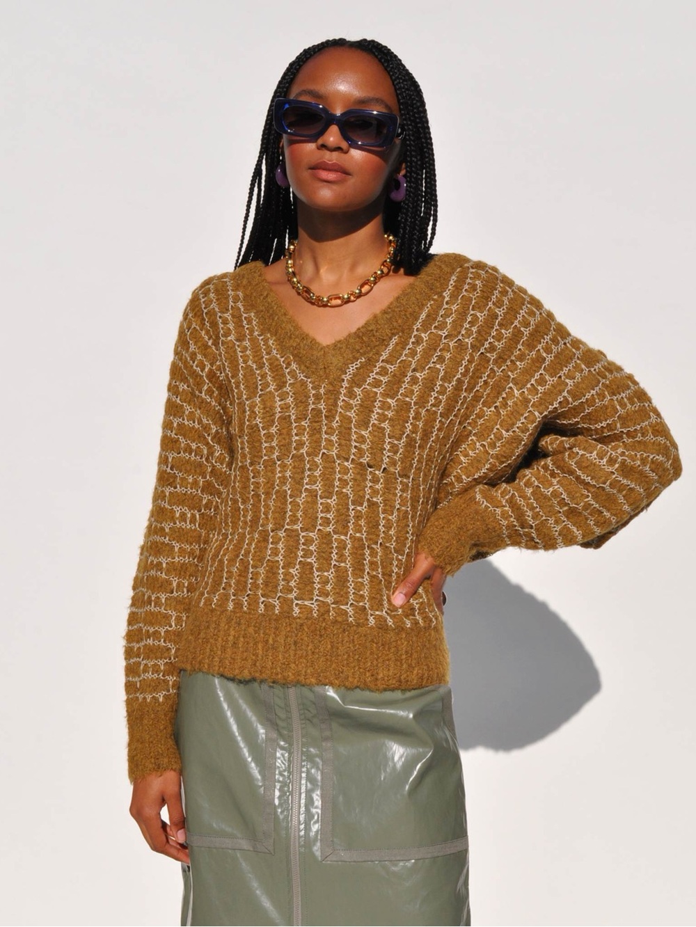 Rachel Comey Gold Armargo V-Neck Textured Sweater Dolman Sleeve Oversized Alpaca